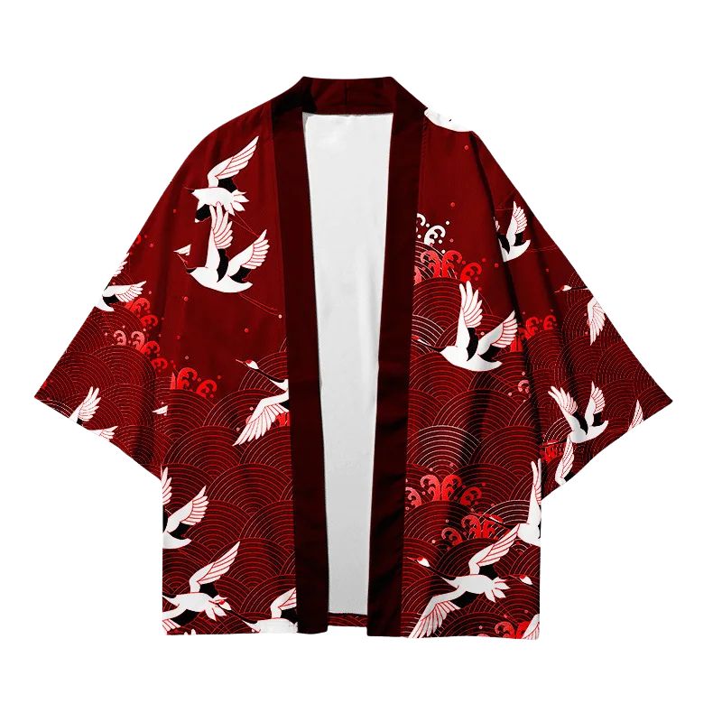Haori Homme Japonais Rouge Grues Blanches et Motifs Seigaiha, Haori Homme 