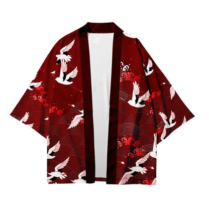 Haori Homme Japonais Rouge Grues Blanches et Motifs Seigaiha, Haori Homme 
