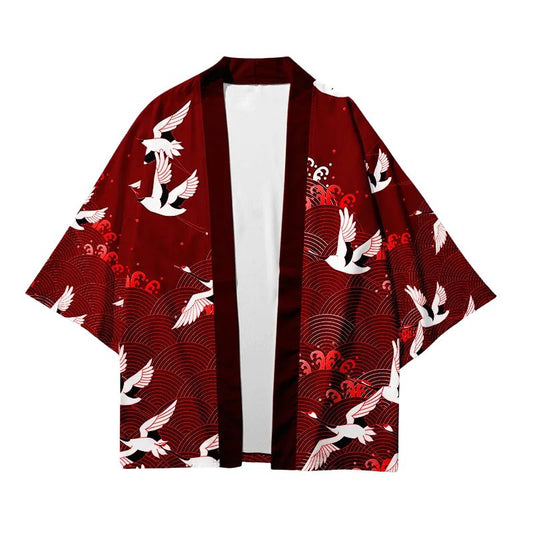 Haori Homme Japonais Rouge Grues Blanches et Motifs Seigaiha, Haori Homme 