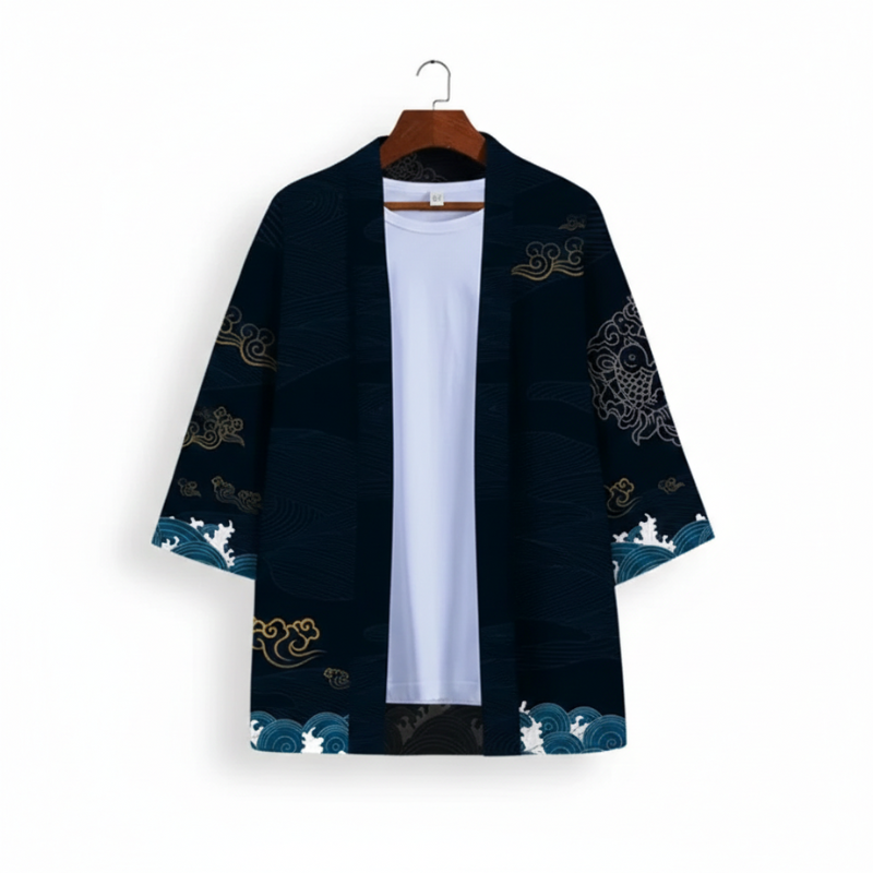 Haori Homme Style Japonais Noir Imprimé Grues Volantes, Haori Homme 