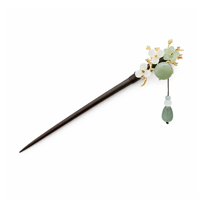 Kanzashi Avec Fleurs Délicates Et Perle Suspendue, Kanzashi avec fleurs