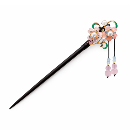 Kanzashi Avec Fleurs Roses Et Perles, Kanzashi stylé