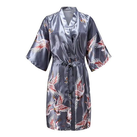 Kimono De Nuit En Satin Avec Motifs Grues Japonaises Élégantes, kimono de nuit élégante