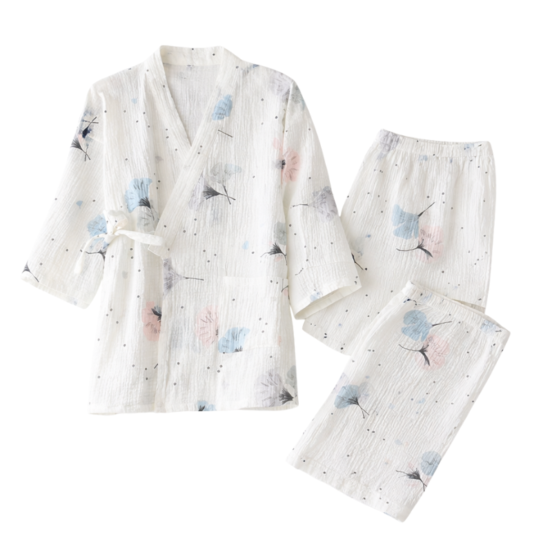 Kimono En Ensemble Pyjama Avec Motifs Pissenlit Délicats, Kimono En Ensemble Pyjama Blanc