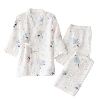 Kimono En Ensemble Pyjama Avec Motifs Pissenlit Délicats, Kimono En Ensemble Pyjama Blanc