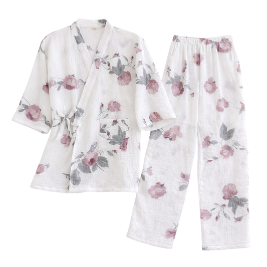 Kimono En Ensemble Pyjama Blanc Avec Motifs Fleurs Douces, Kimono En Ensemble Pyjama Blanc 