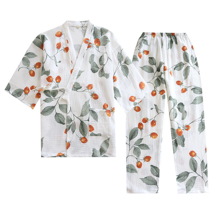 Kimono En Ensemble Pyjama Blanc Avec Motifs Fruits Et Feuilles, Kimono En Ensemble Pyjama Blanc 