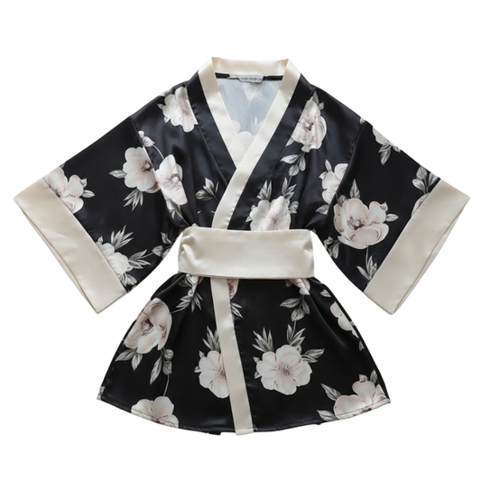 Kimono En Satin Noir Avec Fleurs Japonaise, kimono noir en satin