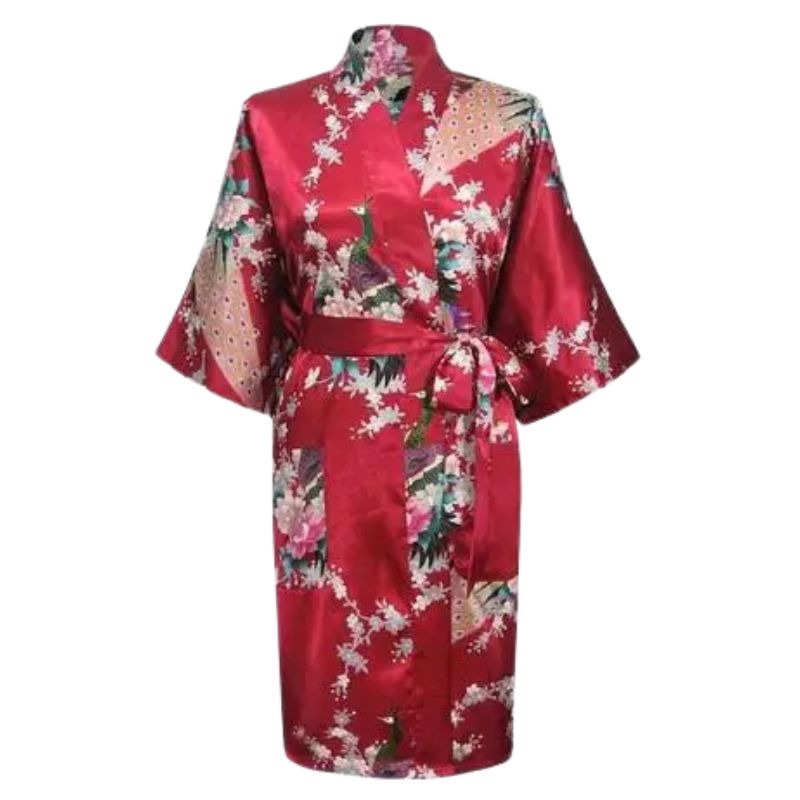 Kimono En Satin Rouge Avec Motifs Floraux Et Paon, kimono rouge en satin