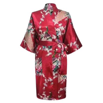 Kimono En Satin Rouge Avec Motifs Floraux Et Paon, kimono rouge en satin