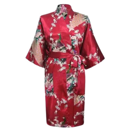 Kimono En Satin Rouge Avec Motifs Floraux Et Paon, kimono rouge en satin