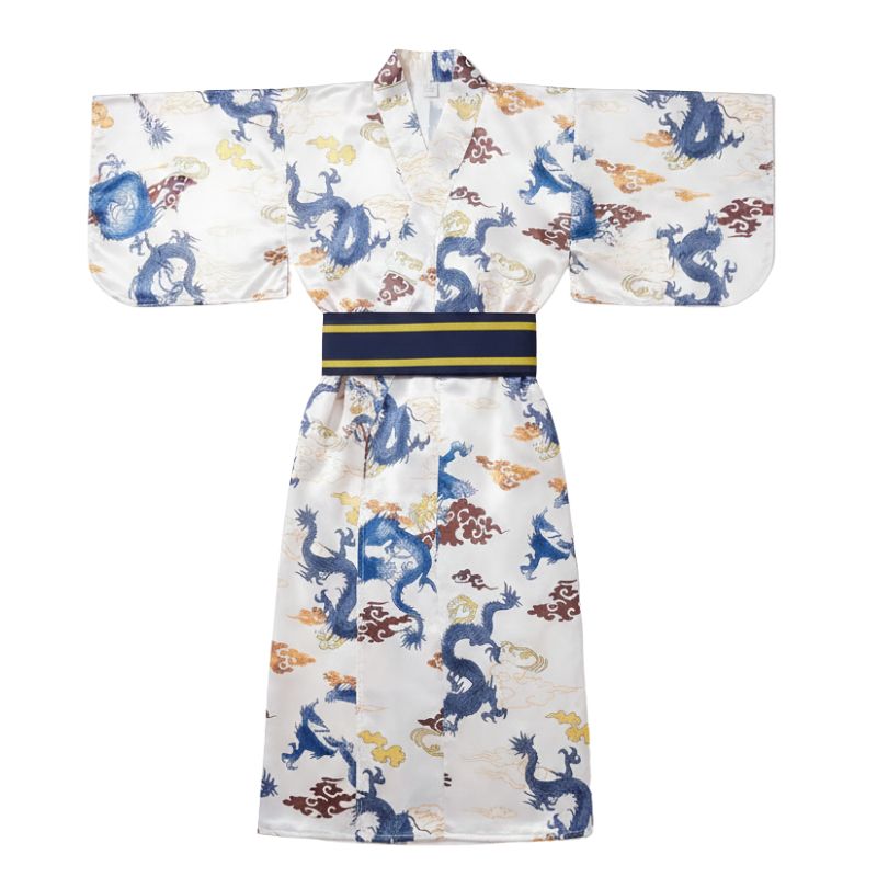 Kimono Japonais Clair Satiné Avec Motifs Dragons Et Ceinture Obi, Kimono Japonais 