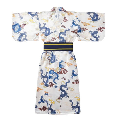 Kimono Japonais Clair Satiné Avec Motifs Dragons Et Ceinture Obi, Kimono Japonais 