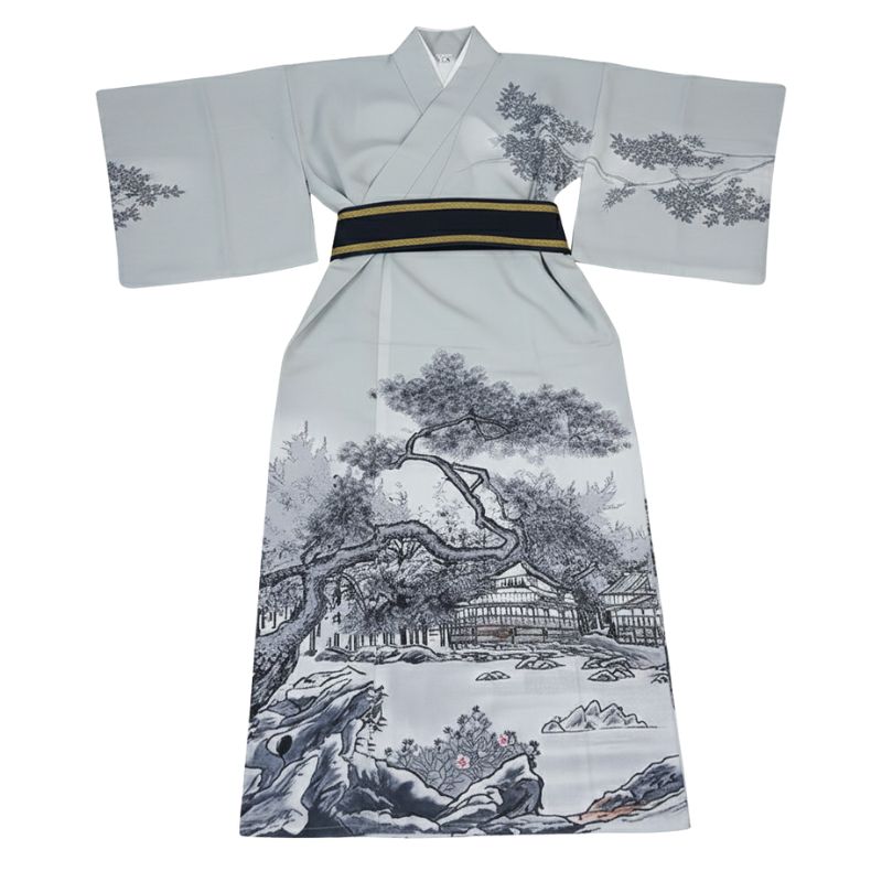 Kimono Japonais Gris Clair Avec Motif Paysage, Kimono Japonais Gris Clair 