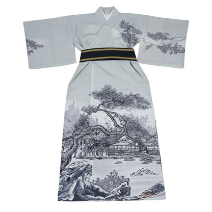 Kimono Japonais Gris Clair Avec Motif Paysage, Kimono Japonais Gris Clair 