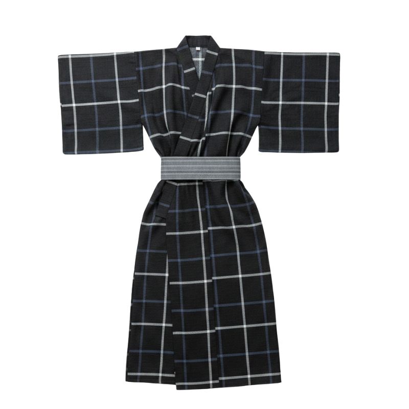 Kimono Japonais Long À Carreaux Avec Ceinture Obi Élégante, Kimono Japonais avec ceinture