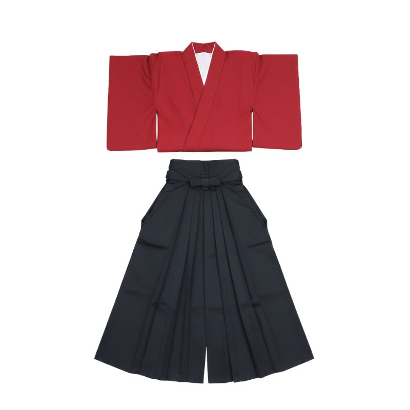 Kimono Japonais Traditionnel Rouge Avec Hakama Noir Élégant, Kimono Japonais Traditionnel Rouge 
