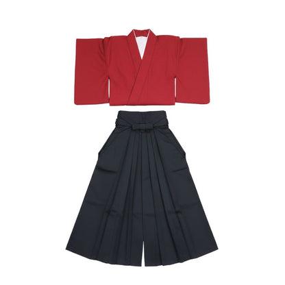 Kimono Japonais Traditionnel Rouge Avec Hakama Noir Élégant, Kimono Japonais Traditionnel Rouge 