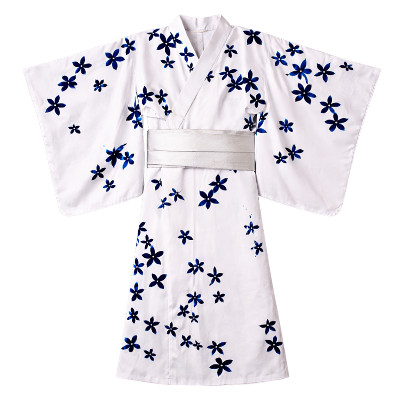 Kimono Traditionnel Blanc Avec Motifs Floraux Bleus, kimono traditionnel à motif