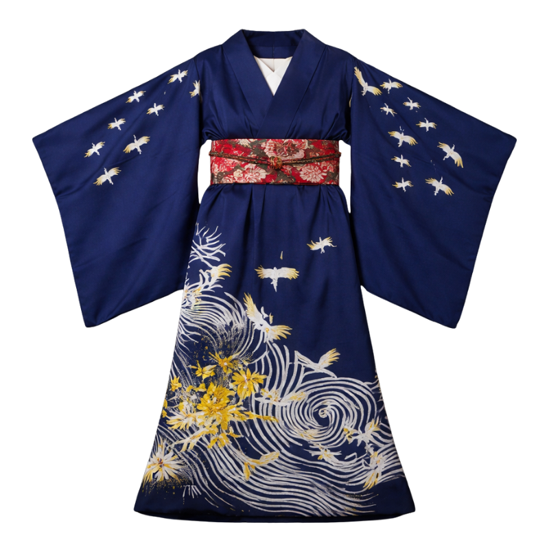 Kimono Traditionnel Bleu Nuit Avec Motifs Grues Et Vagues Élégantes, kimono traditionnel bleu