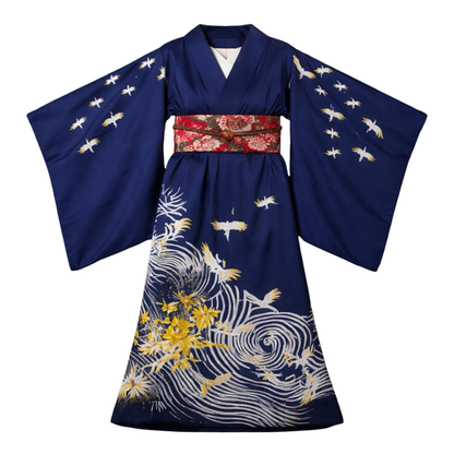 Kimono Traditionnel Bleu Nuit Avec Motifs Grues Et Vagues Élégantes, kimono traditionnel bleu