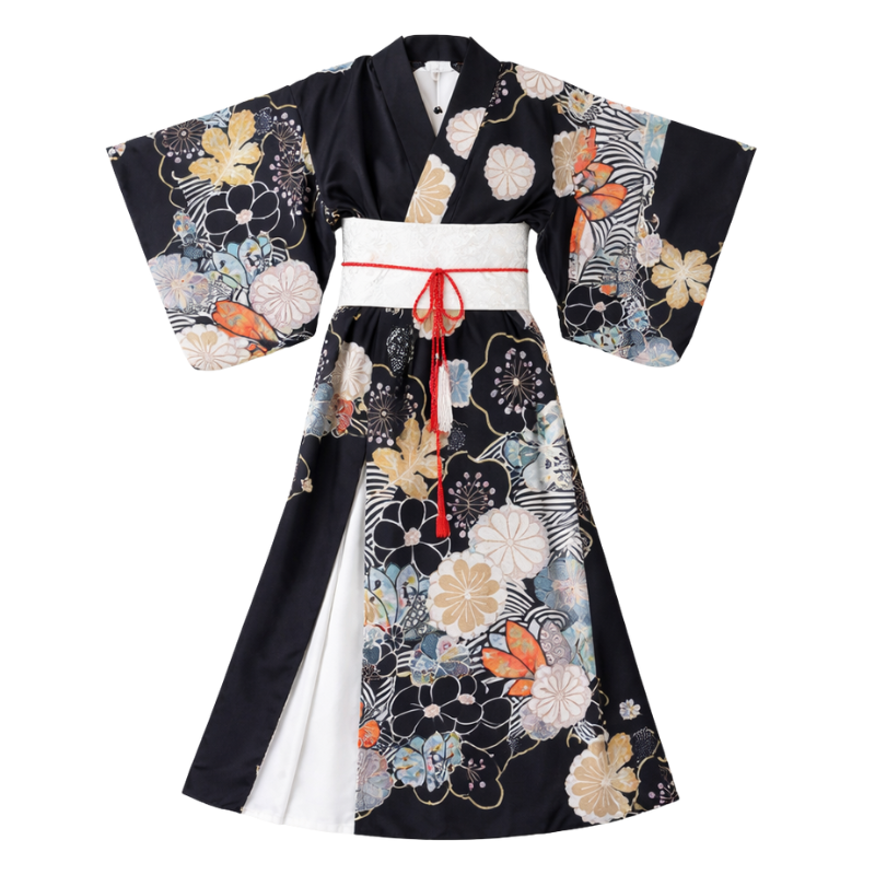 Kimono Traditionnel Noir Avec Motifs Japonais Et Ceinture Obi, kimono traditionnel noir avec motif