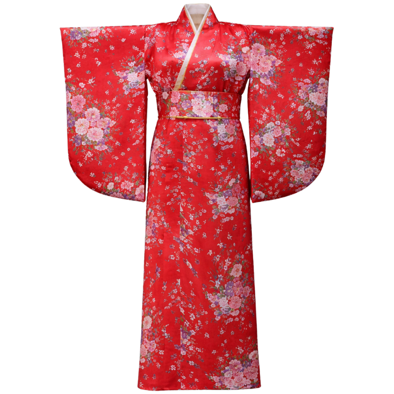 Kimono Traditionnel Rouge Avec Motifs Floraux Japonais, Kimono Traditionnel Rouge