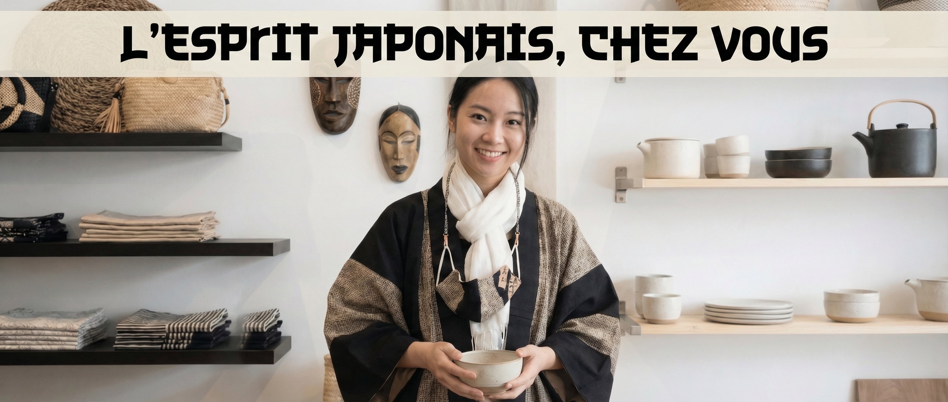 Femme portant un kimono dans une boutique de style japonais avec vaisselle et décorations traditionnelles