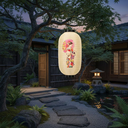 Lanterne Japonaise Blanche Avec Motif Geisha Et Ombrelle, lanterne japonaise 