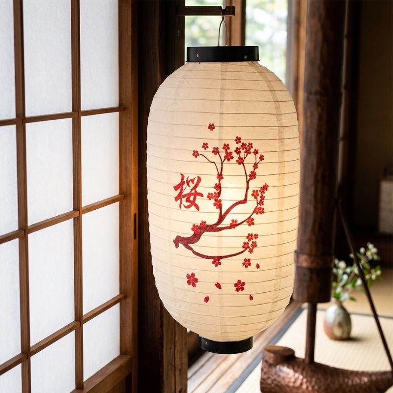 Lanterne Japonaise Blanche Motif Branche De Sakura, Lanterne Japonaise 
