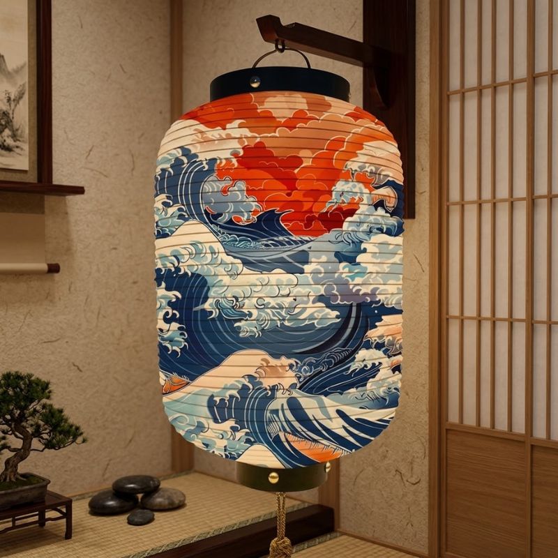 Lanterne Japonaise Motif Grande Vague Et Ciel Rouge, lanterne japonaise