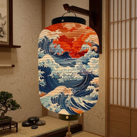 Lanterne Japonaise Motif Grande Vague Et Ciel Rouge, lanterne japonaise