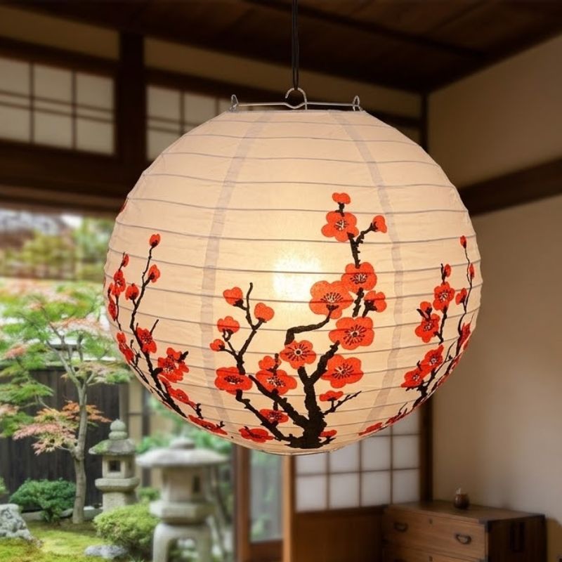 Lanterne Japonaise Ronde En Papier Motif Fleurs De Cerisier, lanterne japonaise en papier