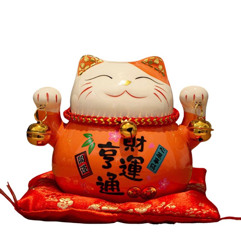 Maneki Neko Chat En Céramique 11 cm, Maneki Neko Chat Orange