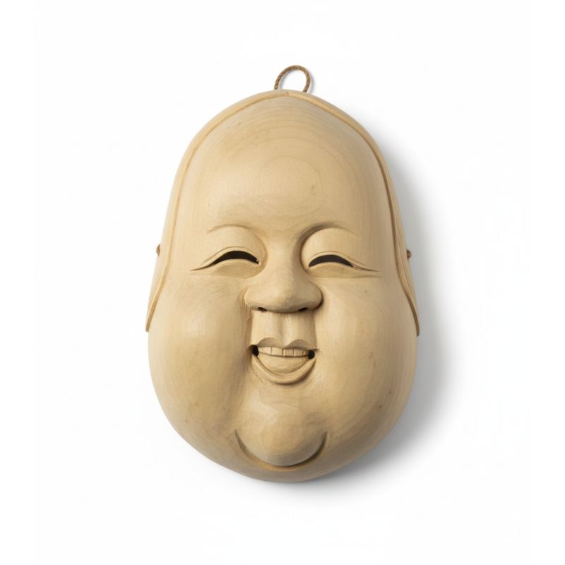 Masque Nô En Bois Sculpté Avec Visage Souriant, masque Nô en bois