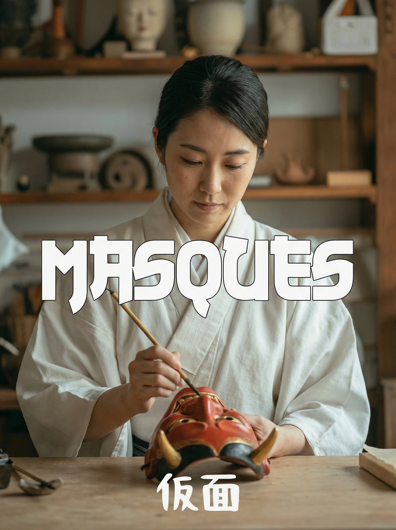 Artisane peignant un masque japonais traditionnel Oni sur une table de travail