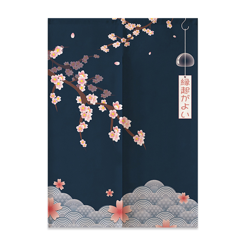 Noren Japonais Avec Branche Sakura En Fleur Et Motif Vagues, Noren Japonais 