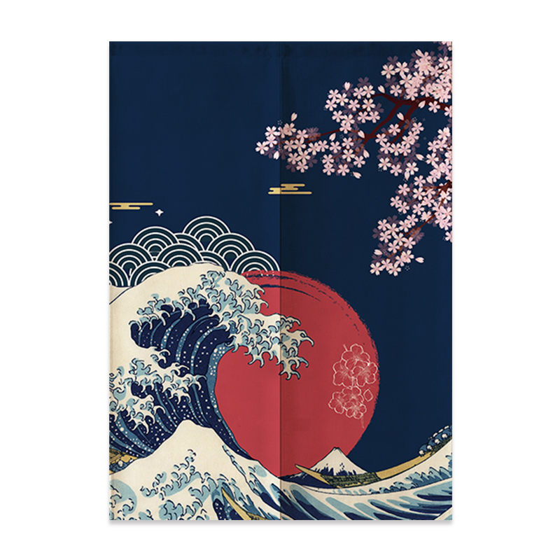 Noren Japonais Avec Vague Hokusai Et Fleurs Sakura, Noren Japonais 