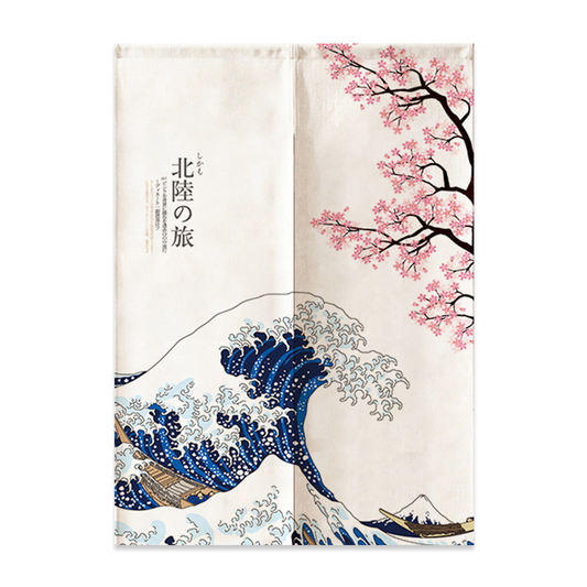 Noren Japonais Motif Grande Vague Et Sakura, Noren japonais