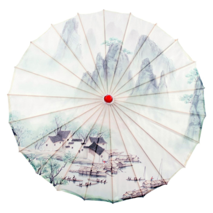Parapluie Japonais En Papier Blanc Avec Paysage Montagneux, Parapluie Japonais 