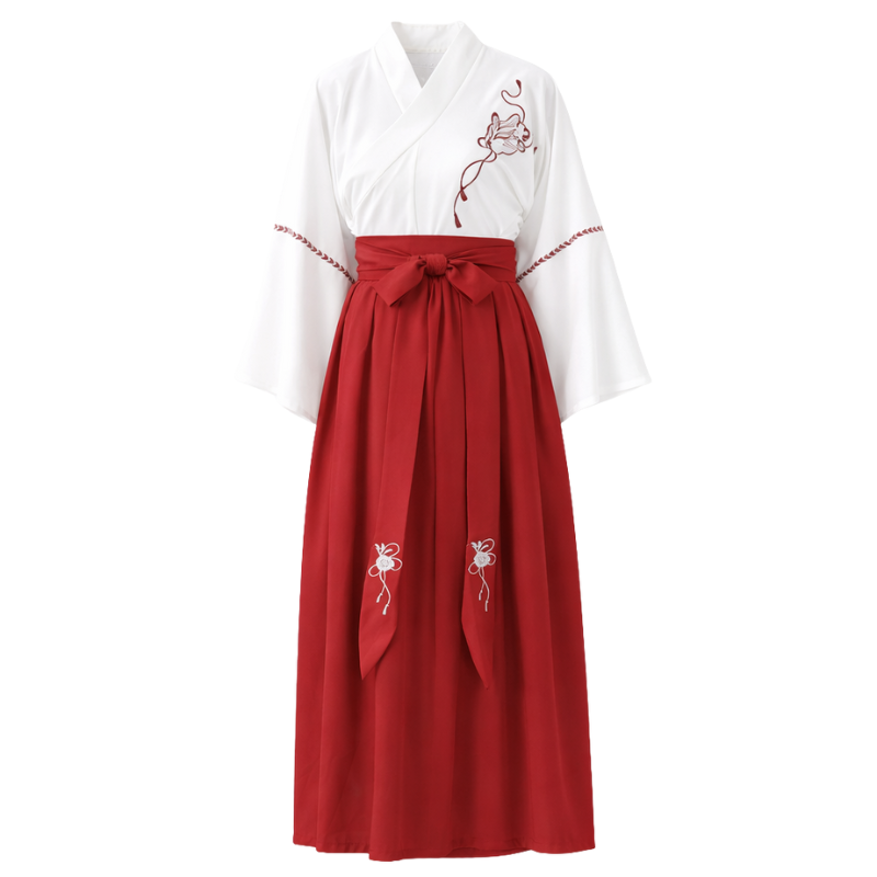 Robe Japonaise Blanche Et Rouge Avec Manches Amples Traditionnelles, robe japonaise avec manche ample