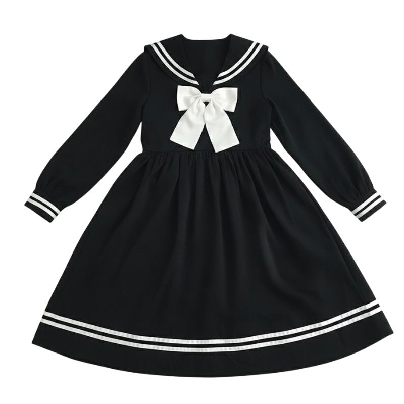 Robe Japonaise Noire Avec Col Marin Et Nœud Blanc, robe japonaise avec col