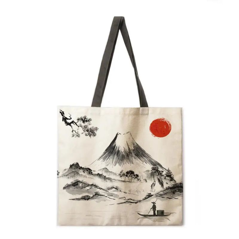 Sac Japonais Avec Mont Fuji En Encre Et Soleil Rouge, sac japonais 
