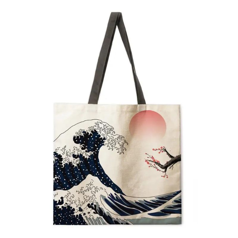 Sac Japonais Avec Motif Grande Vague Et Soleil, sac japonais avec motif