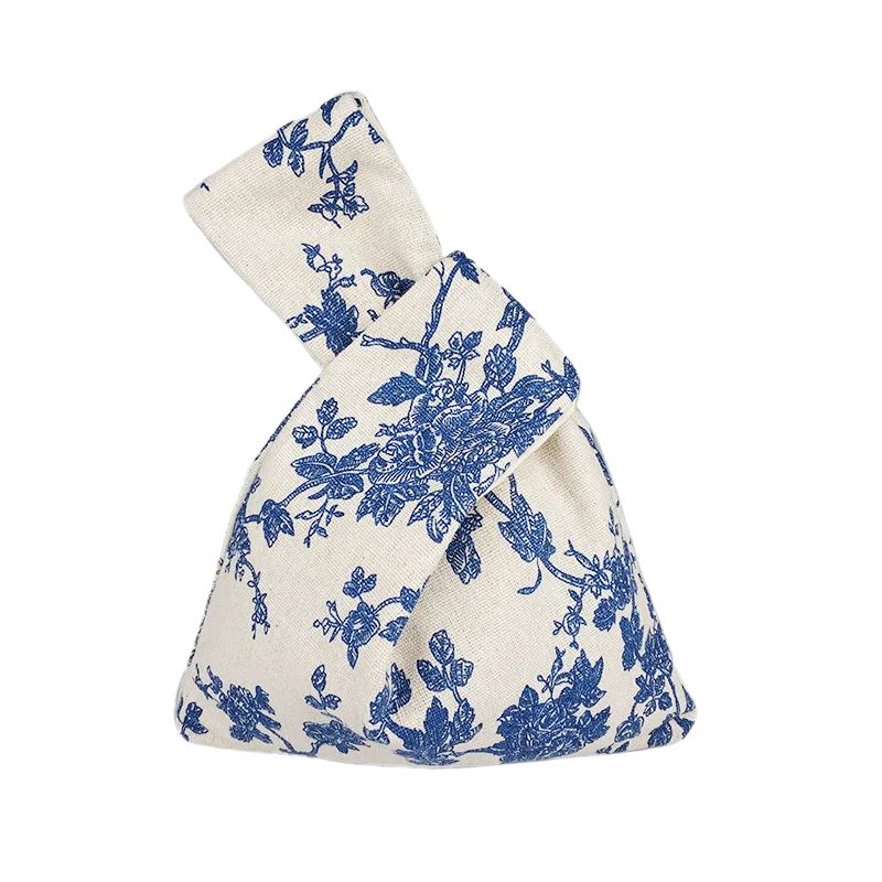 Sac Japonais En Toile Écrue Avec Imprimé Fleurs Bleues, sacs japonais imprimé