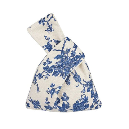 Sac Japonais En Toile Écrue Avec Imprimé Fleurs Bleues, sacs japonais imprimé