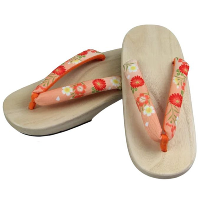 Sandales Geta En Bois Avec Lanière Fleurie Orange, Sandales Geta 