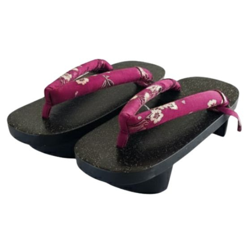 Sandales Geta En Bois Noir Pailleté Avec Lanière Fleurie, Sandales Geta En Bois 