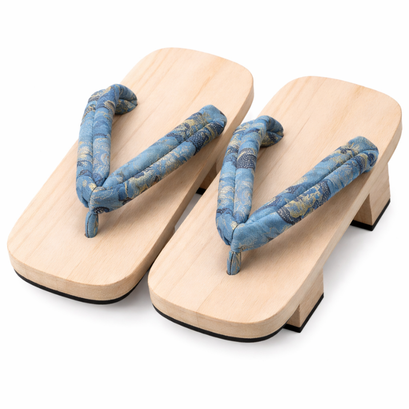 Sandales Geta Japonaises En Bois Naturel Avec Bride Imprimée, Sandales Geta Japonaises 