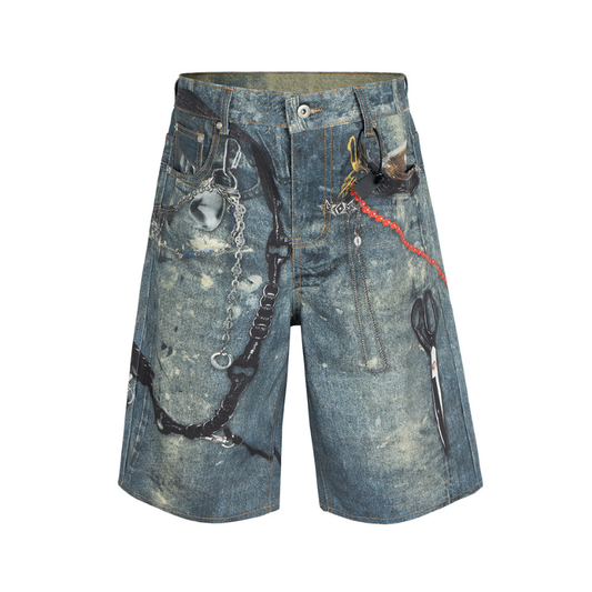 Short Japonais En Denim Avec Imprimé Chaînes Style Urbain, short japonais style urbain